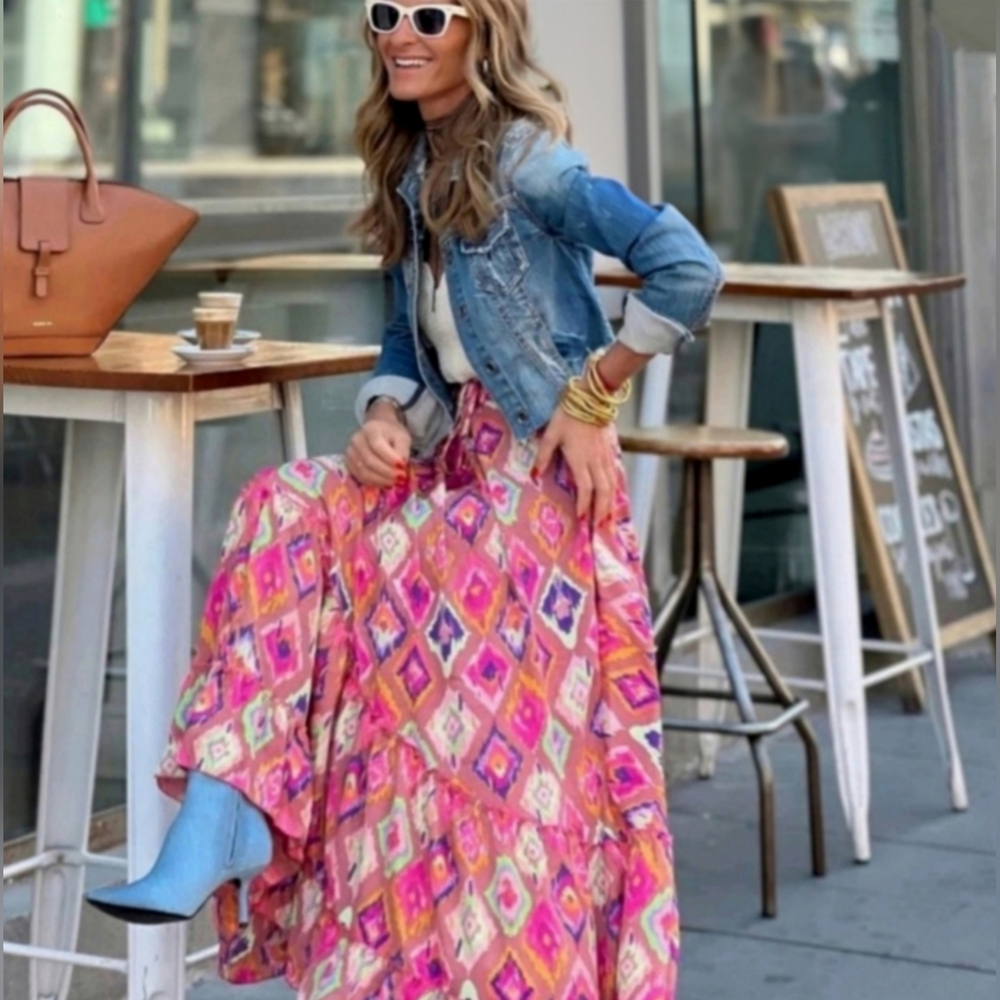 Pink Patchwork Ruffle Bohemian Maxi Skirt Size Medium